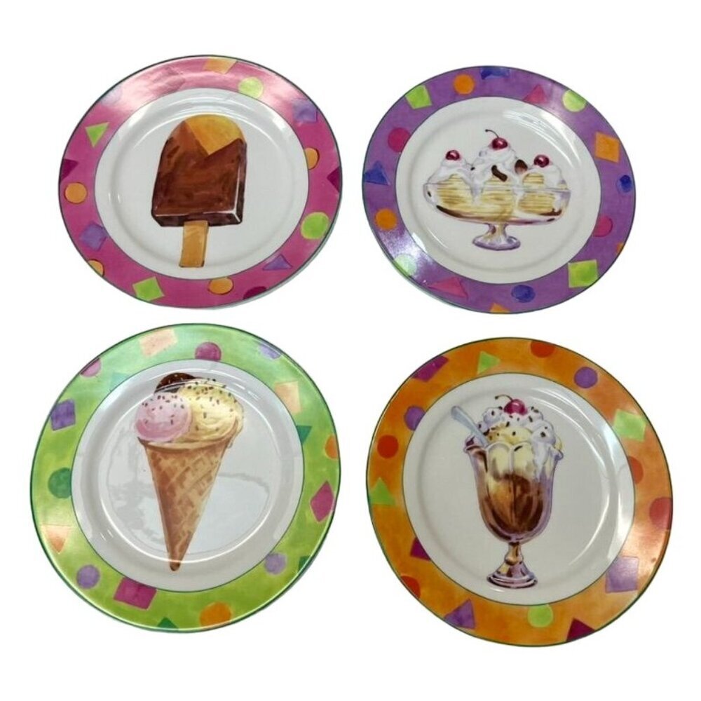 Set Of 4 American Atelier Porcelain Dessert Plates - Ice Cream Sundae Float Cone